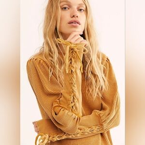 FP FREE PEOPLE ONE  Thermal Waffle Knit Top Harvest Gold Top Small